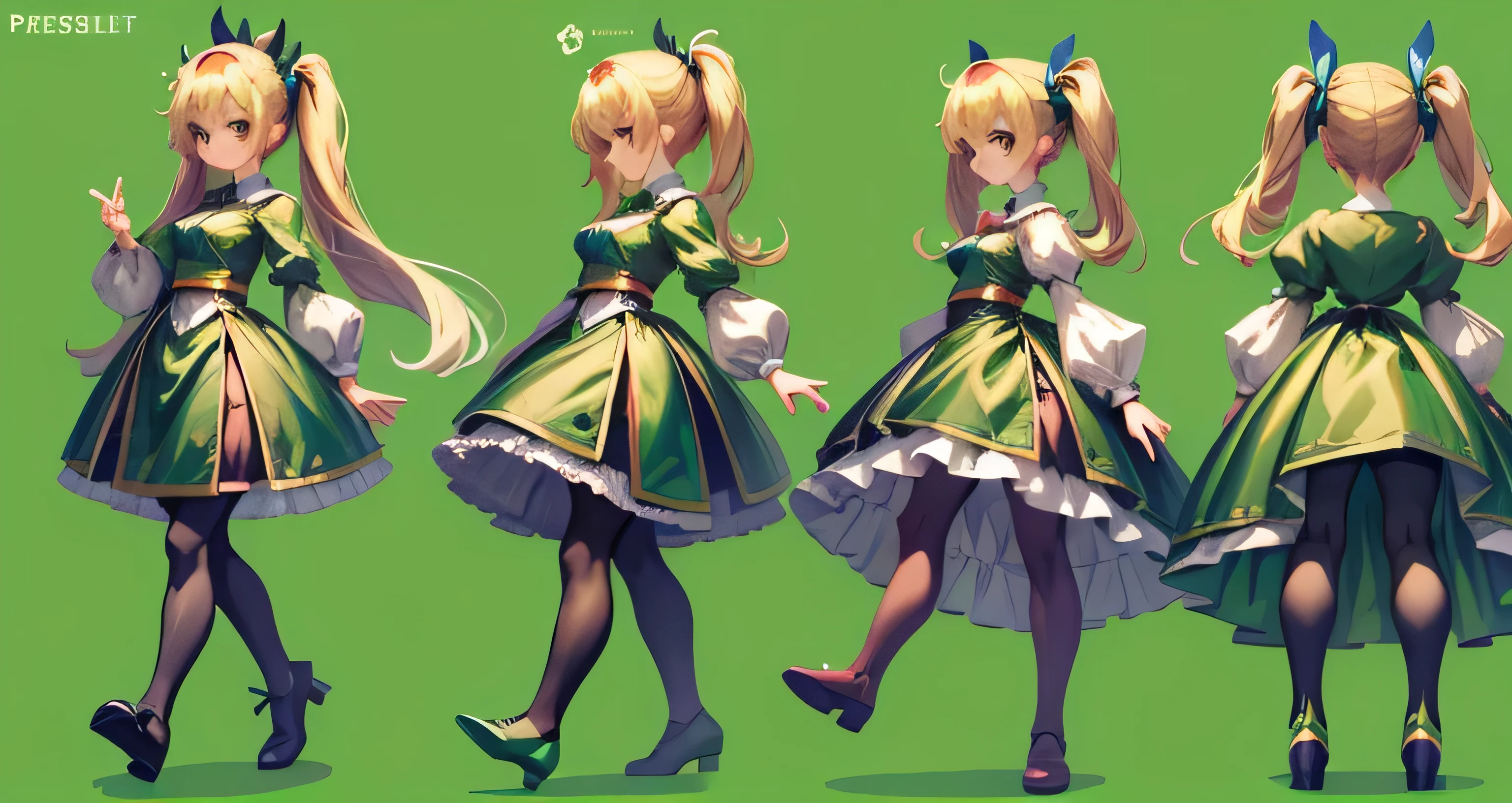 PixelArt, ((sprite sheet)), (green background), (1girl), (green peasant dress), walking, (short twintails), (blond hair), (green shoes), (black pantyhose)