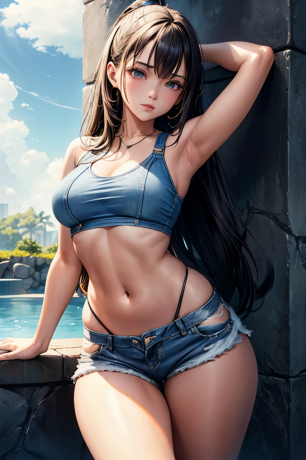 A young solo girl, ((approximately a )), lounges by the edge of a crystal-clear pool, wearing a revealing crop top and micro denim shorts that accentuate her curves. Her flat chest is balanced by the generous curves of her big booty and thick thighs. With a suggestive expression on her face and her hands behind her back, she seductively showcases her sexuality. The cameltoe of her denim shorts and the hint of underboob peeking out add to her allure. The scene is rendered in an adult anime style, characterized by strong lineart and soft painting in modern adult anime aesthetics. The digital art captures every detail, from the glistening