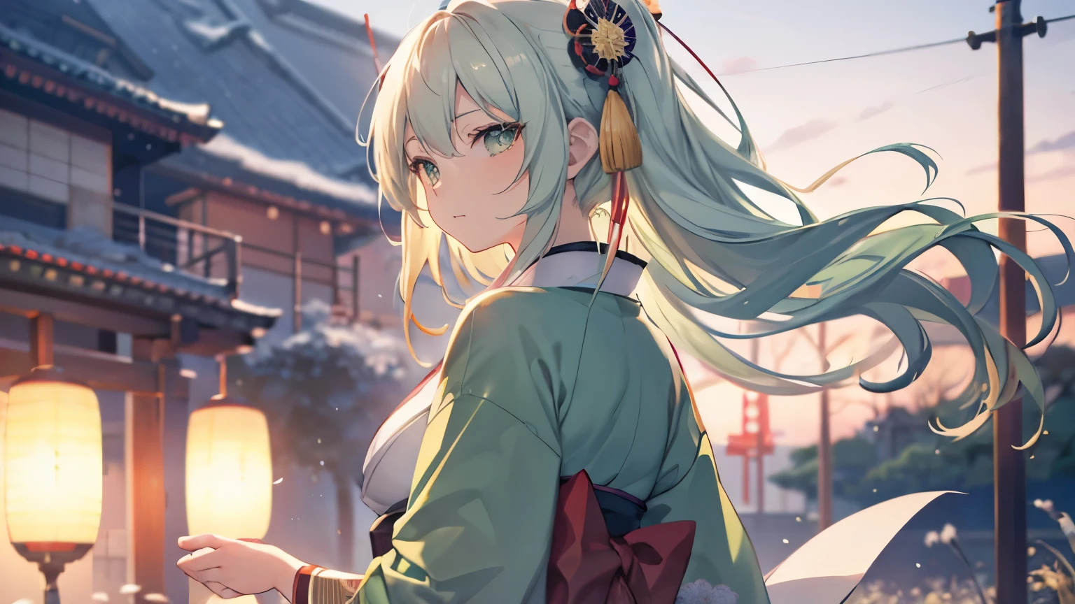Kazama Iroha Best Quality, Highest Quality, Highly detailed CG Unity 8k wallpaper, Original, High resolution, (depth of fields: 1.5), fidelity: 1.3, a beauty girl, A Japanese style long blonde hair samurais pale green kimono Blue hair fastening Green eyes huge tit Looks Back