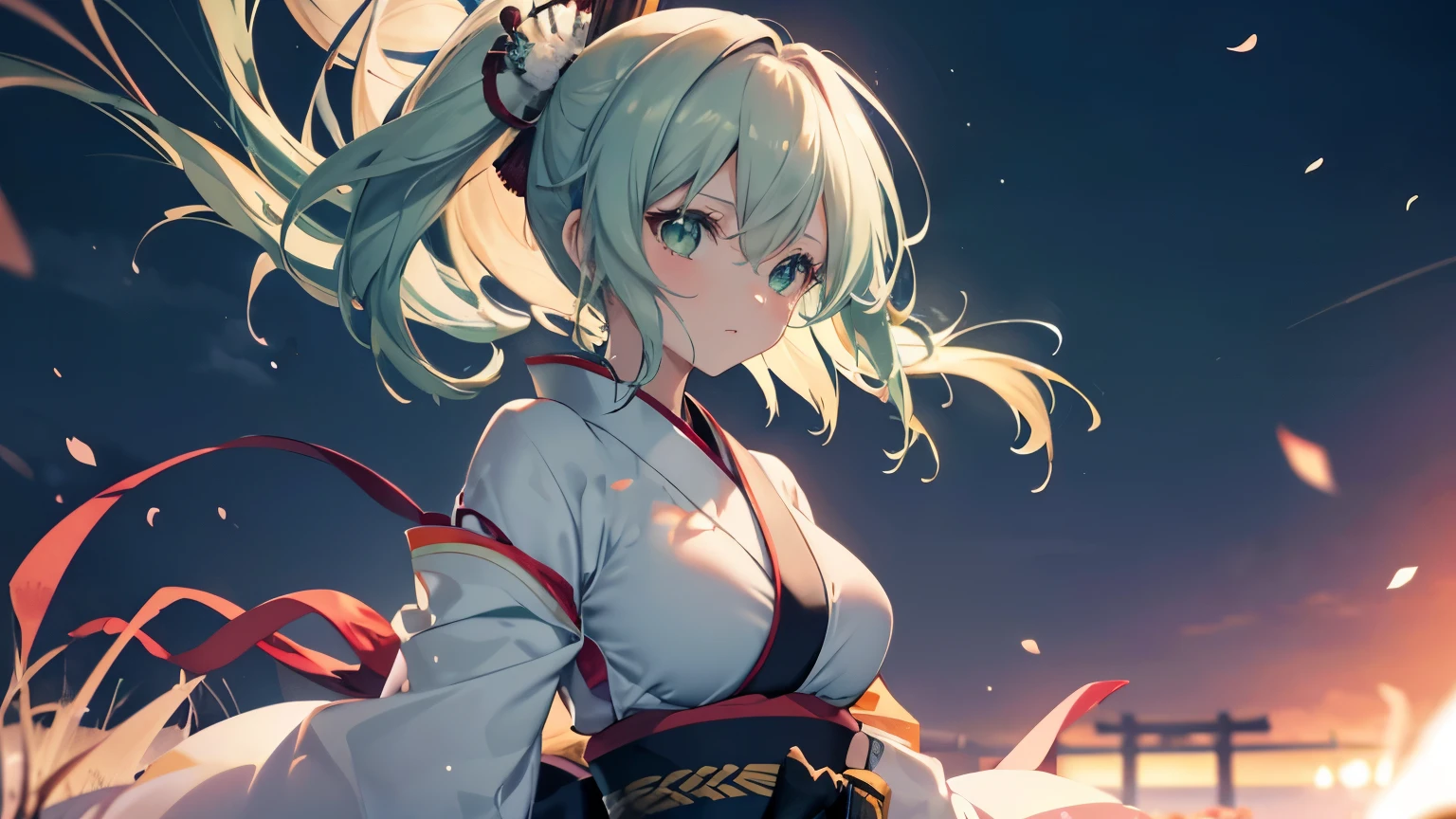Kazama Iroha Best Quality, Highest Quality, Highly detailed CG Unity 8k wallpaper, Original, High resolution, (depth of fields: 1.5), fidelity: 1.3, a beauty girl,　　A Japanese style　　 long blonde hair　samurais　pale green kimono　　Blue hair fastening　Green eyes　huge tit　　Looks Back