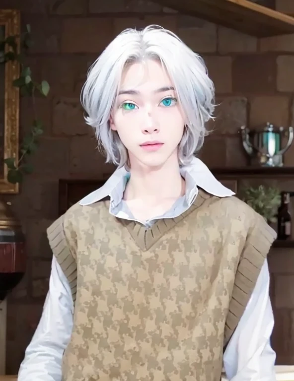 Young adult male, medium length white hair, strong green and blue heterochromia, cute smile
