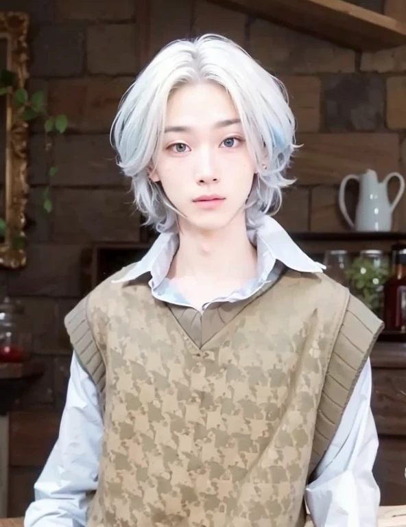 Young adult male, medium length white hair, strong green and blue heterochromia