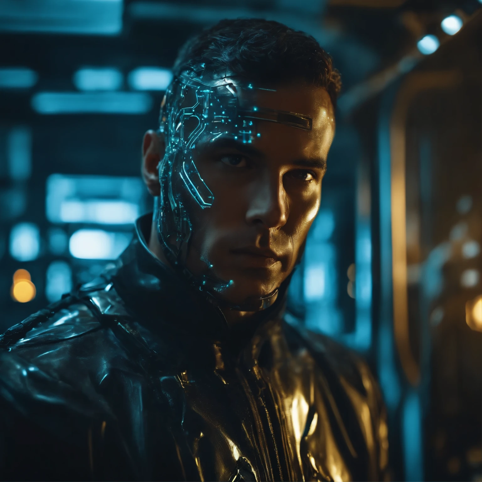 closer-up Man in the oily face, in detailed futuristic clothing, with traces of cybernetic circuits visible, oily and shiny skin on his face highlighting tension, standing in a high-tech mechanics laboratory, intense photographic style of a thriller.