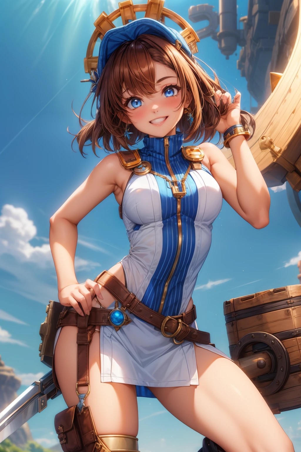 1girl in a revealing outfit, a long sleeveless side slit tunic, engineer with a cute cap and short brown hair, smile, kawaii tooth, in a pose looking at viewever with a wrench gripped in her right hand and the other on her hip, fantasy engineer, blue eyes, bending forward