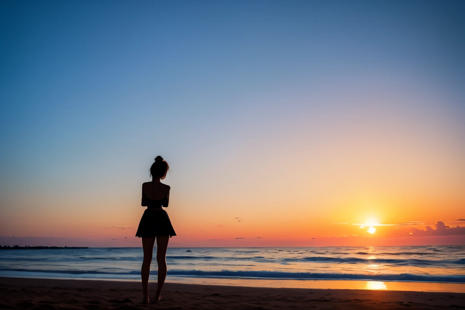 masterpiece, beautiful sky, twilight, sunset beach, silhouette girl, standing side, silhouette, backlight, back style, high detailed, high quality, masterpiece, 8k quality,