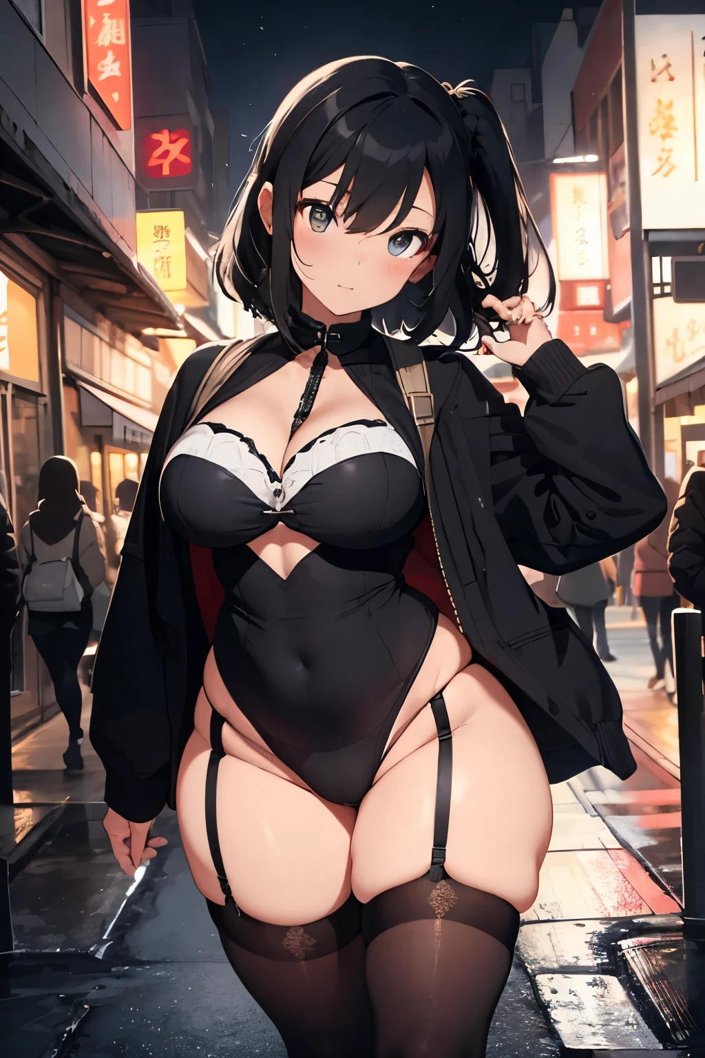 In the stillness of the urban night, a young teenage girl, clad in solo majesty, ambled down the deserted street. The adult anime style breathed life into every detail, with strong lineart defining her slender figure. The soft painting accentuated the sensual curves of her body, revealing a glimpse of her alluring undergarments and stockings. Her flat chest contrasted sharply with her big, curvaceous booty and thick thighs, exuding a seductive sexual expression. With her hands gracefully behind her back, she showcased a cameltoe pussy that seemed to entice the onlookers. Her pose, a combination of defiance and inviting, left