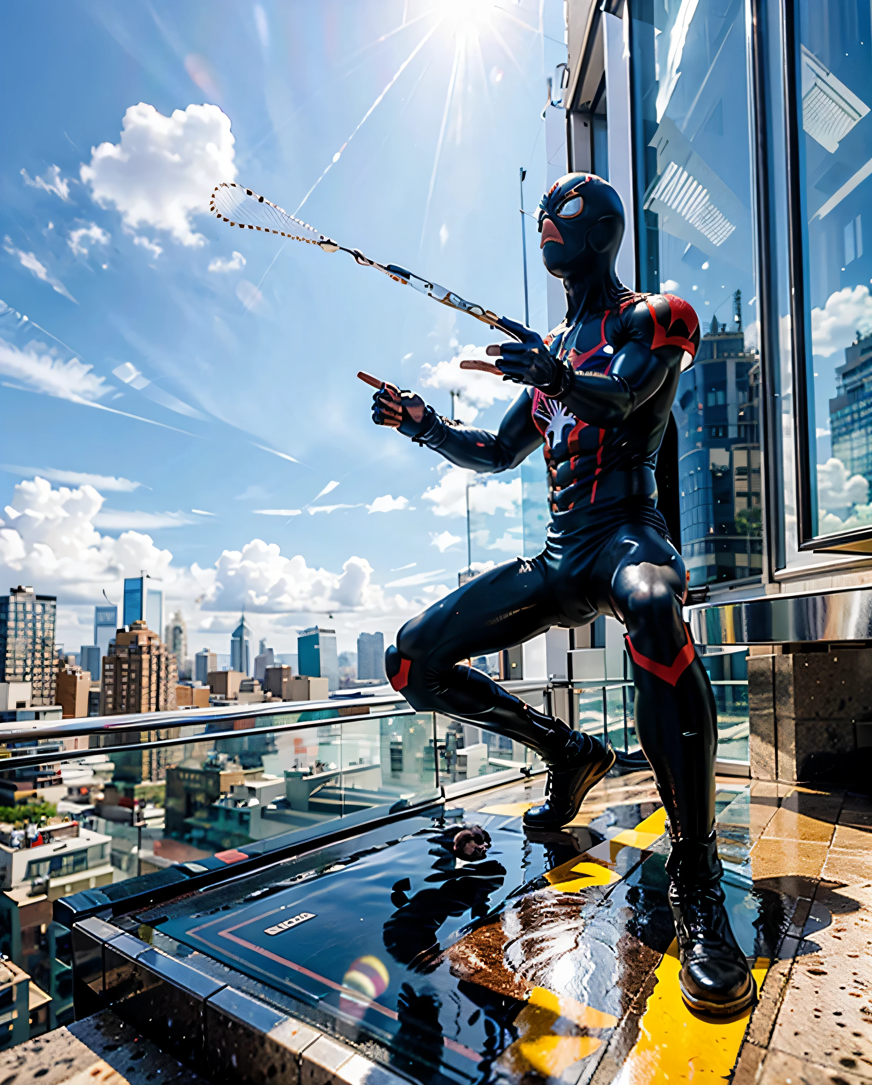 Fundo da cidade de Nova York. Homem Aranha, wet floor, clear sky and scenery, minimalista, Large buildings during the day.