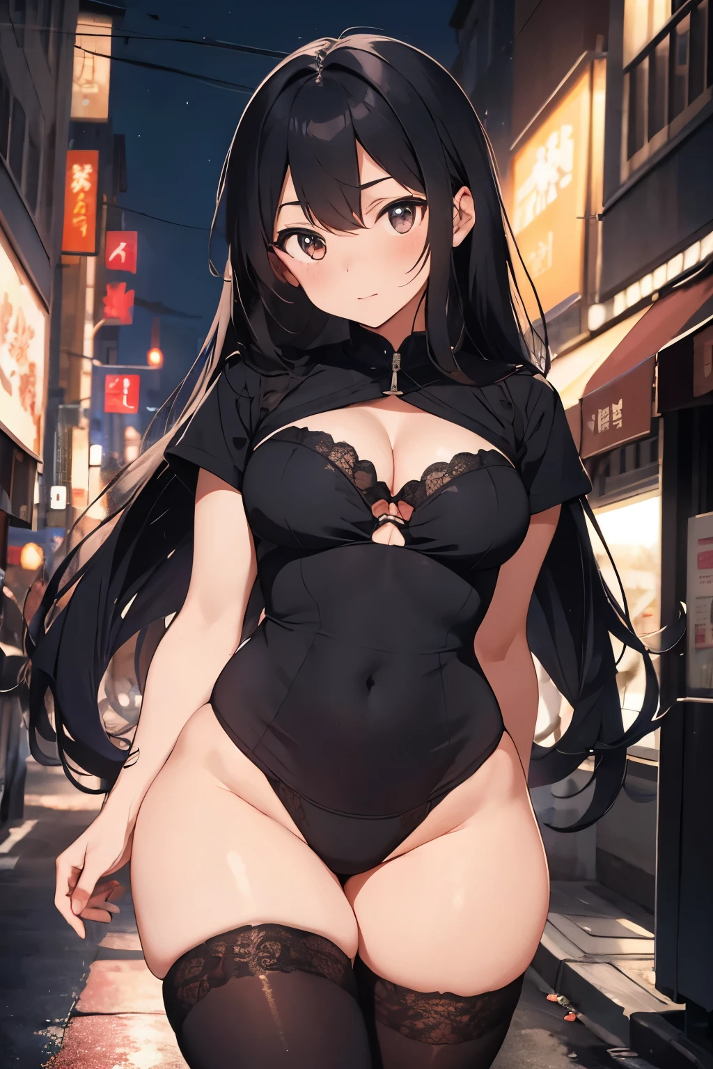 In the stillness of the urban night, a young  girl, clad in solo majesty, ambled down the deserted street. The adult anime style breathed life into every detail, with strong lineart defining her slender figure. The soft painting accentuated the sensual curves of her body, revealing a glimpse of her alluring undergarments and stockings. Her flat chest contrasted sharply with her big, curvaceous booty and thick thighs, exuding a seductive sexual expression. With her hands gracefully behind her back, she showcased a cameltoe pussy that seemed to entice the onlookers. Her pose, a combination of defiance and inviting, left