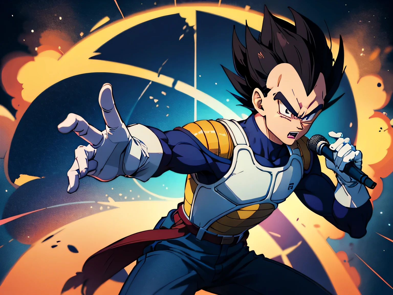 (masterpiece, best quality:1.2), cowboy shot, solo, male focus, 1boy, vegeta, serious, looking at viewer, black spiked hair, black eyes, armor, white gloves, singing on stage, holding a microphone, in the style of dragon ball z