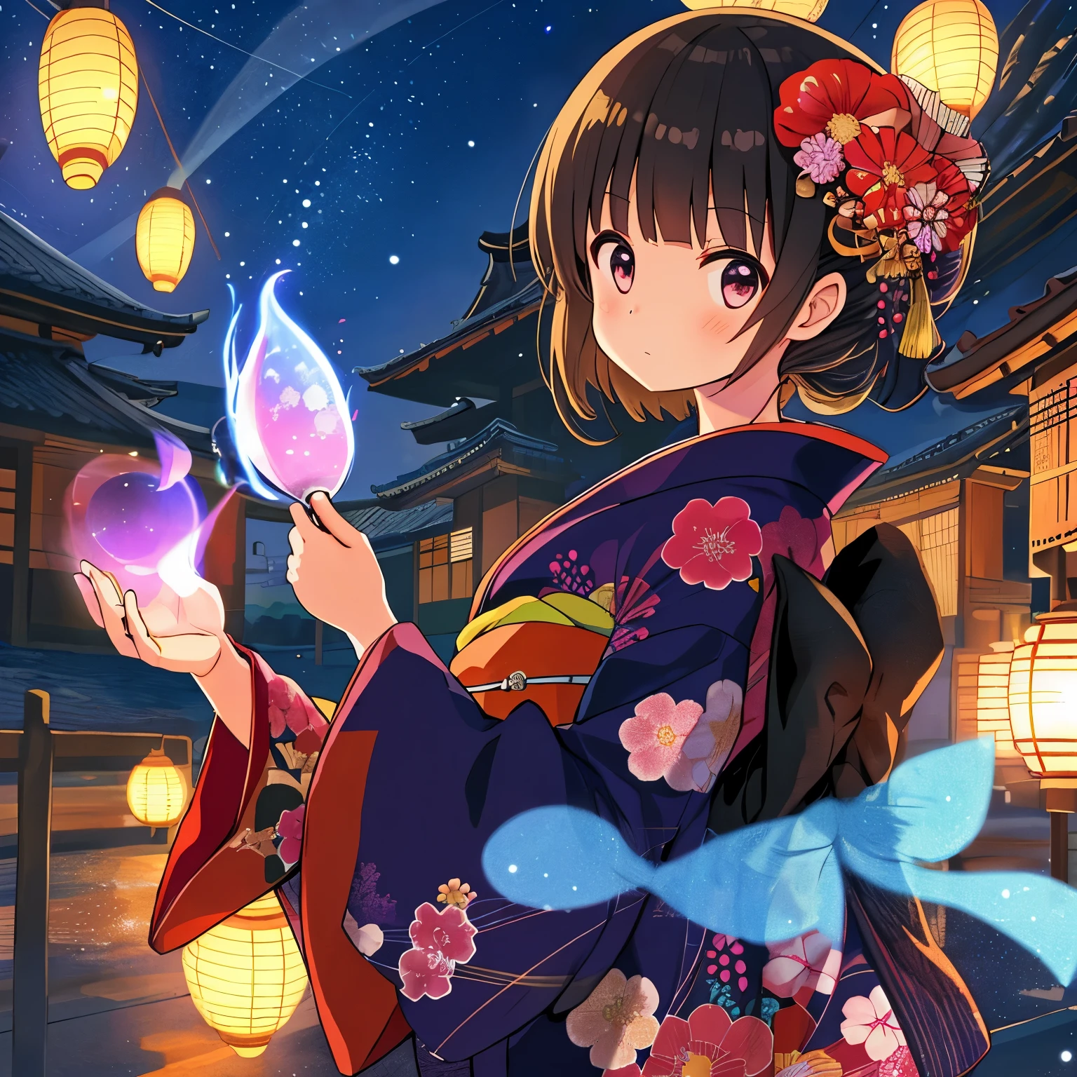 Girl with big eyes, kimono, anime, night