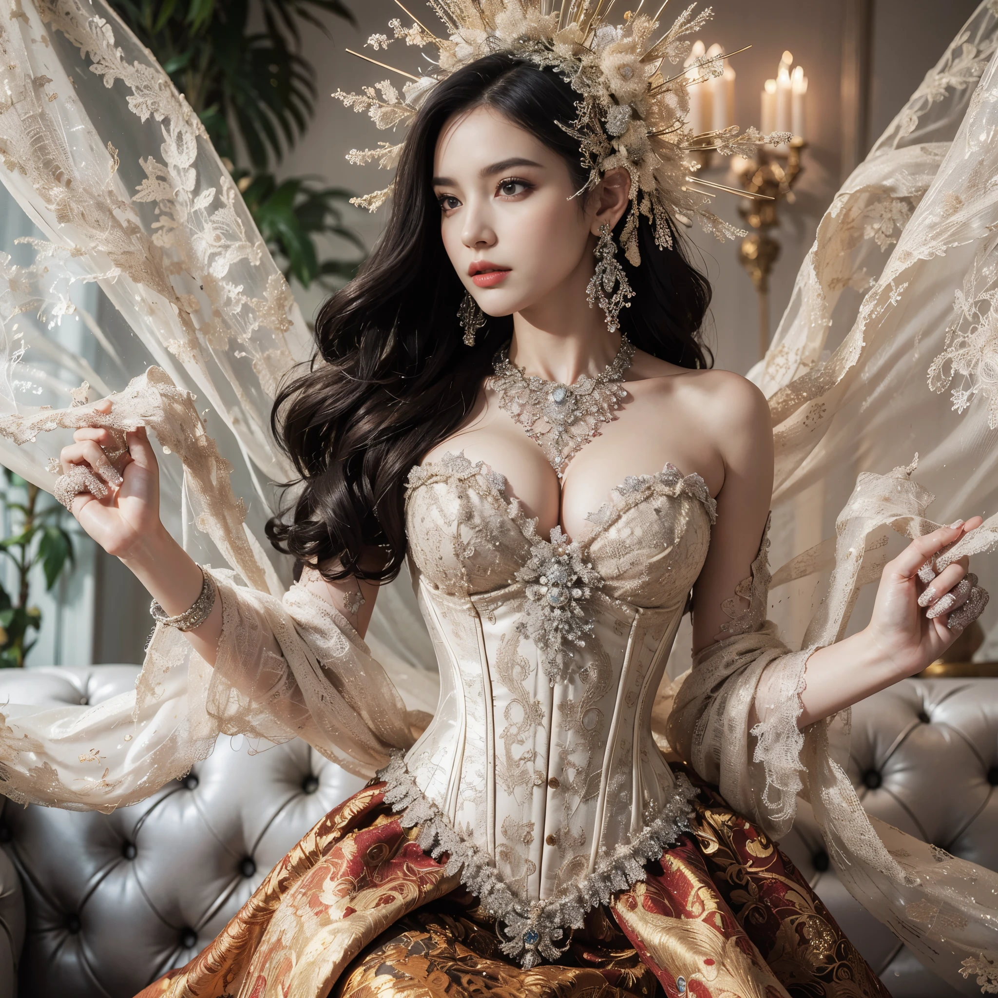 arafed woman with bustier gigantic breast in a corset and dress in front of a building, wearing an ornate outfit, ornate dress, intricate dress, elegant corset, ornate and elegant, extravagant dress, inspired by Hedi Xandt, ornate attire, intricate outfit, ornate royal gown, ornate clothing, ornate gown, intricate and elegant, intricate detailed dress, ornate , royal dress, masterpiece, best quality:1.2),,(8k,highres,RAW photo,realistic,photo-realistic:1.3),(detailed skin texture,detailed cloth texture,beautiful detailed face:1.25),professional lighting,photon mapping,beautiful soft light,radiosity,physically-based rendering,raytracing, model shoot style, model shoot style, (extremely detailed CG unity 8k wallpaper), full shot body photo of the most beautiful artwork in the world,
