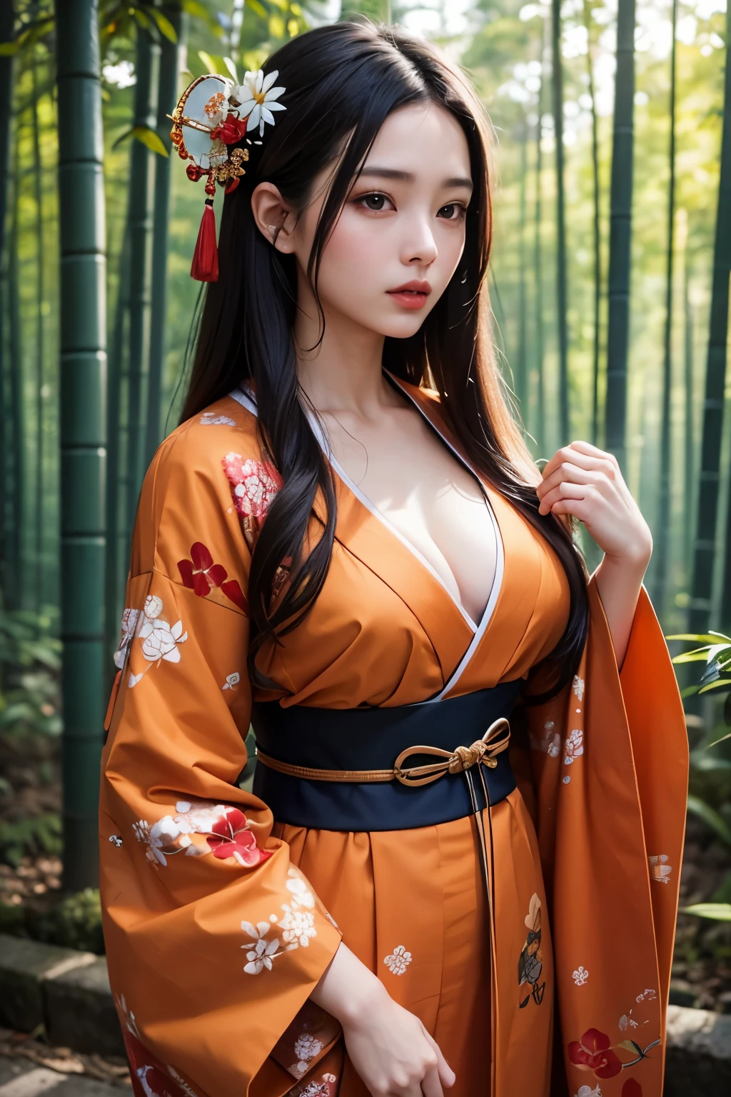 (best quality,4k,highres,masterpiece:1.2),ultra-detailed,realistic:1.37,nezuko kamado,detailed eyes,detailed lips,determined expression,long black hair,fierce gaze,kimono dress,floral pattern,katana in hand,standing in a bamboo forest,fiery sunset,soft lighting,traditional japanese art style,vibrant colors,subtle blue and orange tones