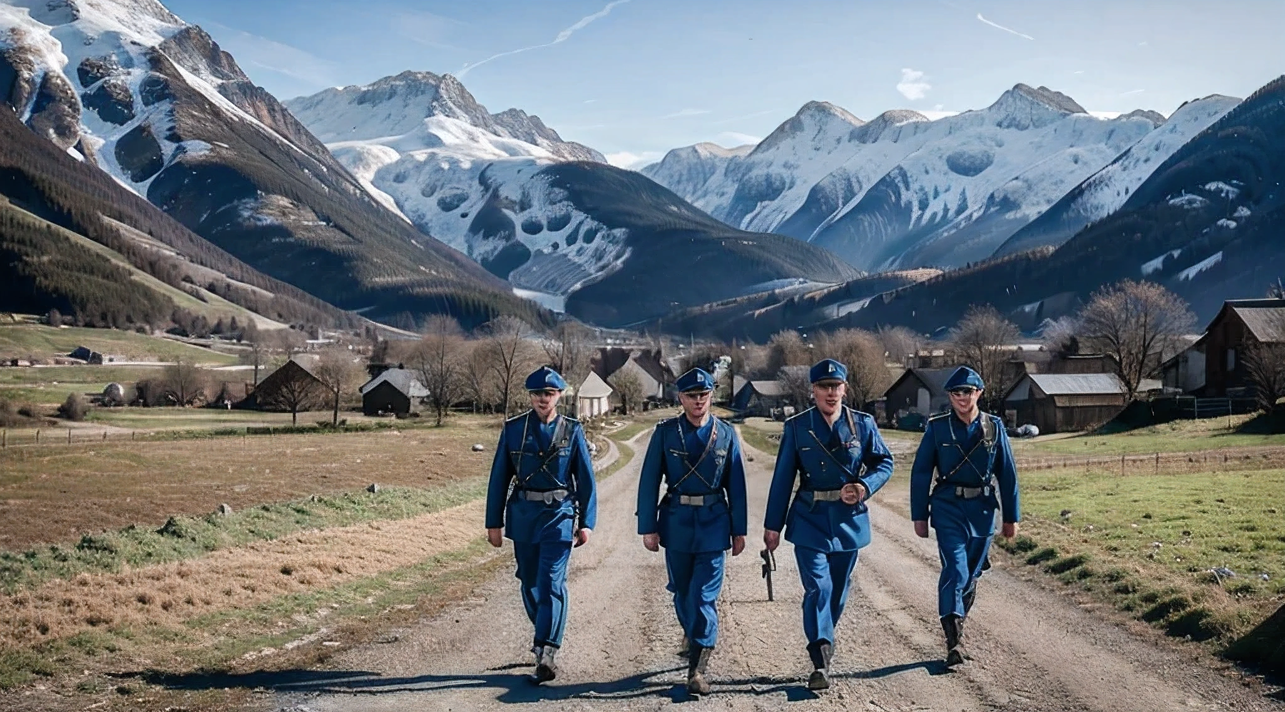 Several soldiers dressed in blue walk through a rural area during wartime，Montanhas geladas ao fundo、farm and trees