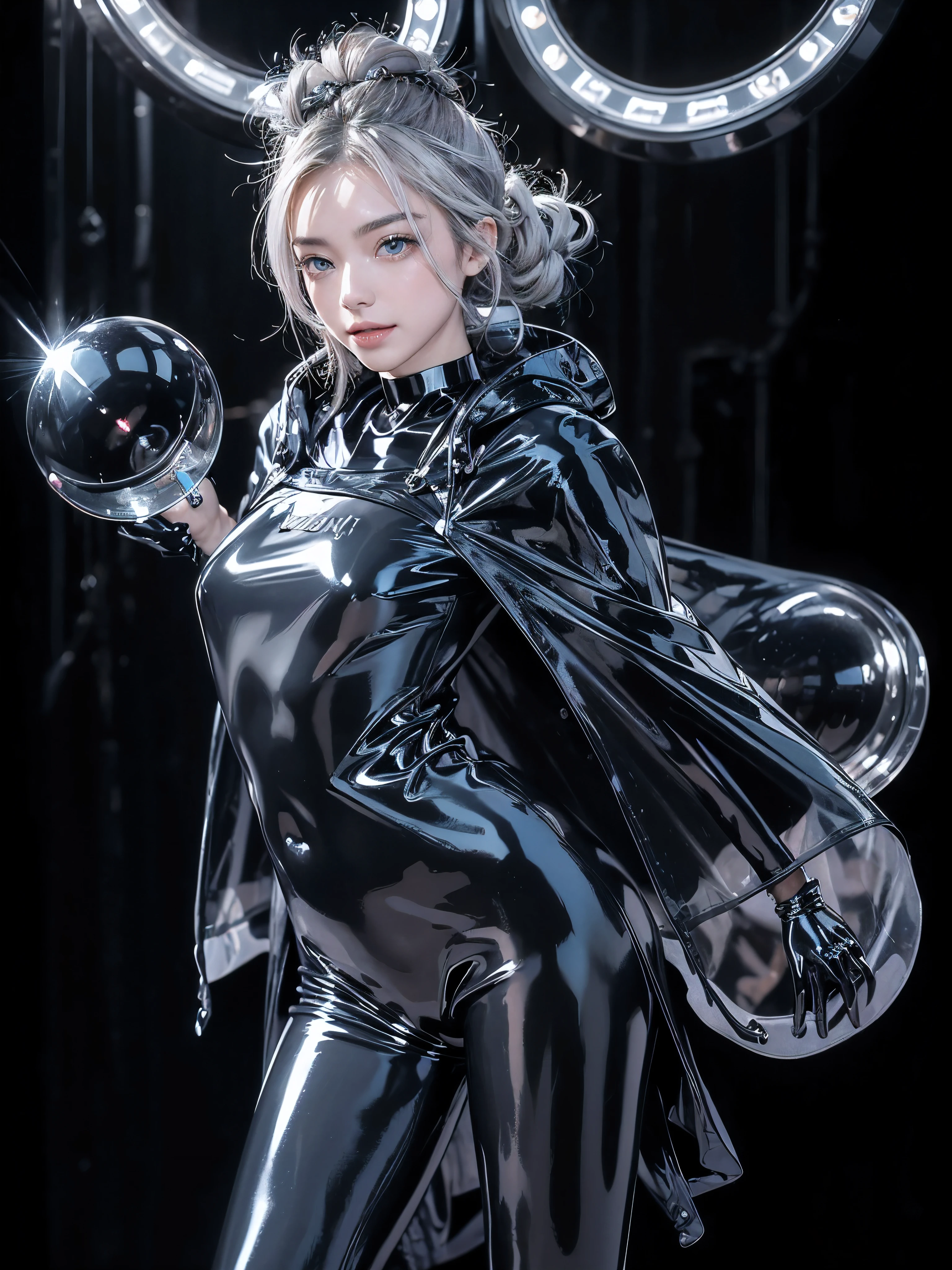 (anime:1.2), (official art), (gorgeous, elegant, luxury), (beautiful still life painting art), ultra detailed, beautiful, masterpiece, best quality,
_
BREAK (1girl:1.2), 22 years old, 160 cm, Japanese cute model, Tightened all body, medium Breasts, cleavage, small head, small face, diamond Face, small nose, Sharp Faceline, Detailed face, Detailed eyes, young hands and fingers, beautiful hands and fingers, five fingers,
_
BREAK (happy, smile, Glossy Lips:1.3), (Light color lips, Half open mouth, beautiful Teeth:1.2), (dropy eyes, Double eyelid, light color eyes, Shiny eyes:1.5), Shiny skin,
_
BREAK (arranged hairstyle:1.6), (gray hair:1.2), shiny hair, Detailed hair,
_
BREAK (White and black theme:1.3), (latex art background:1.4), (blurry background, mist, fog:1.7),
_
BREAK (cowboy shot:1.5),
(Confident standing pose:1.3), (arms behind head:1.2),
BREAK (Glossy latex and Rubber theme:1.8),
(glossy transparent latex skeleton White poncho:1.6),(Glossy cleavage:1.4), (skin-tight:1.3), (reflective surface:1.4), (hood with cyberpunk visor:1.4),(glossy latex tight and short Leggings and tank top:1.3),(Separate:1.4), (fringe detail on sleeves:1.2),
BREAK
(Rubber gloves:1.2), (thigh-high latex Sneaker:1.3), (slick and shiny:1.4),
BREAK
(High-tech futuristic accessories:1.3), (chrome choker with neon accents:1.4), (LED embedded in the poncho:1.6), (streamlined and edgy:1.3),