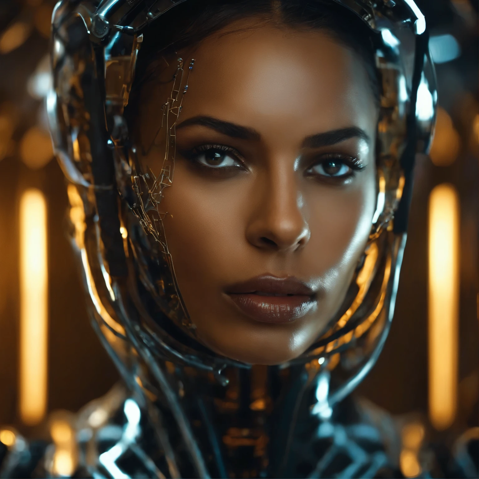 closer-up of a beautiful woman in the oily face, in detailed futuristic clothing, with traces of cybernetic circuits visible, oily and shiny skin on his face highlighting tension, standing in a high-tech mechanics laboratory, intense photographic style of a thriller.