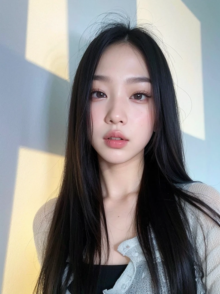 un primer plano de una mujer con cabello largo y negro y una camisa gris, jennie rosa negro, muchacha coreana, beautiful south mujer coreana, xisionwu, Young cute pale asian face, joven y adorable rostro coreano, gorgeous young mujer coreana, gongbi, mujer coreana, beautiful young mujer coreana, pale korean adorable face, ulzzang, korean symmetrical face, jaeyeon nam