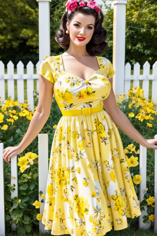 Best quality, woman, 40´s pinup style, floral white and yellow fence dress, florish