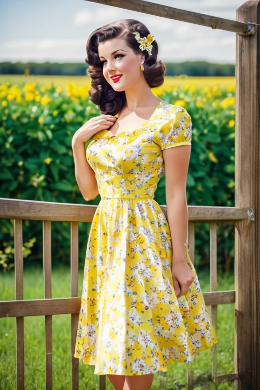 Best quality, woman, 40´s pinup style, floral white and yellow fence dress, florish