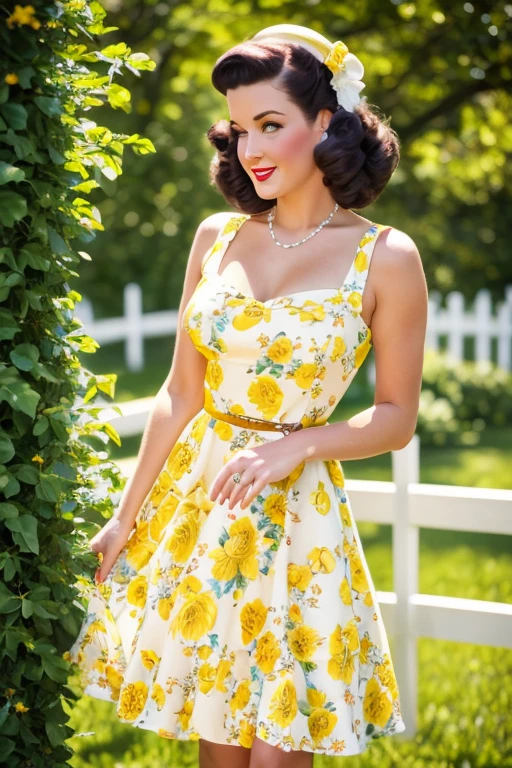 Best quality, woman, 40´s pinup style, floral white and yellow fence dress, florish