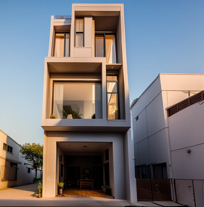Realistic images, extremely detailed, a modern full white house, steel railling, 4 panel steel gate,1 road in font of house, large yard made by ceramic, (1 car), brick fence, lawn, a few small flowers, a road in front of the house, main materials of the house are white walls and red brick, Modern design, clear blue sky, sunrise light, light from inside, dynamic light,shimering light, cinematic light, romantic feeling, (((day light, warm light)))