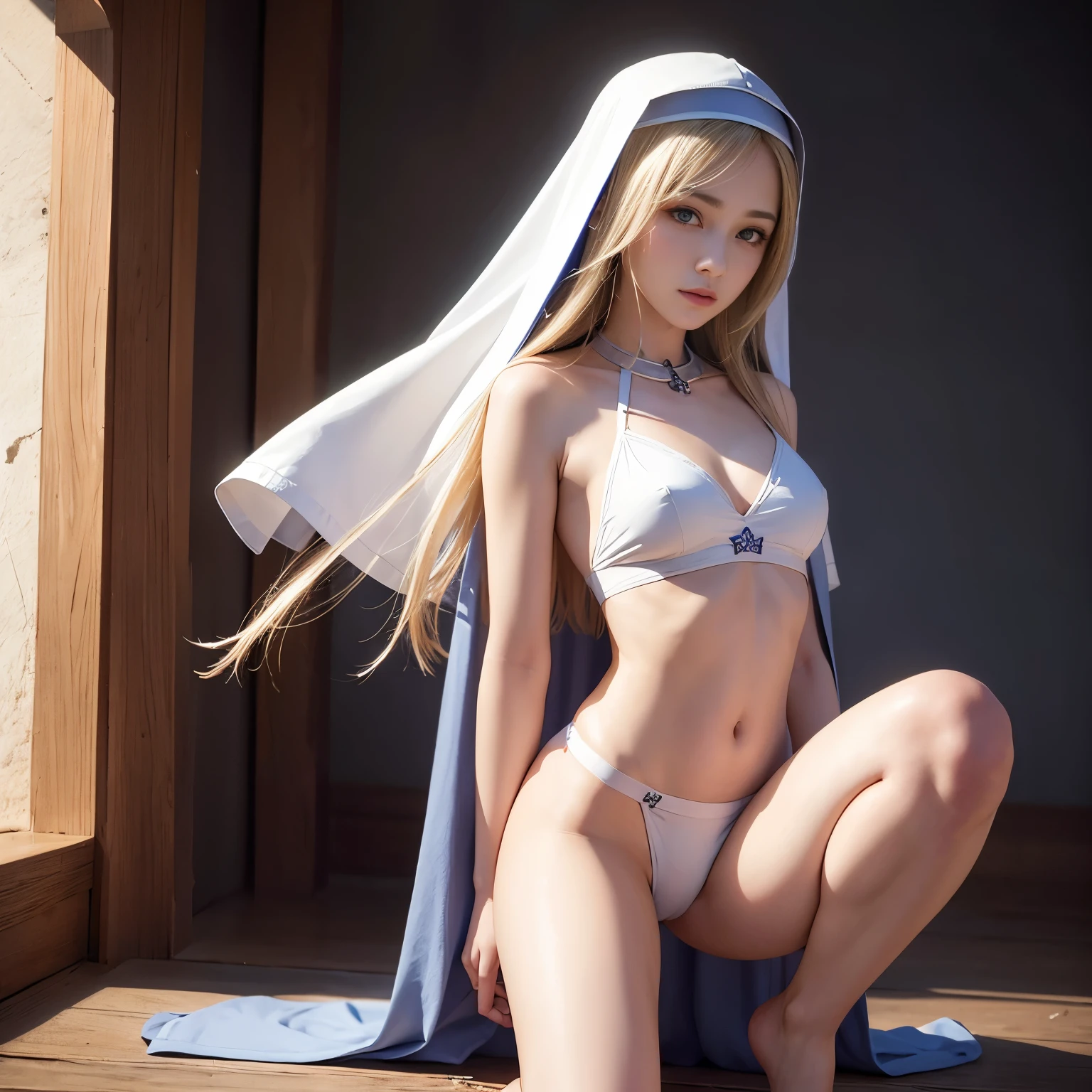 photorealistic、whole body、High resolution, best quality, super high quality, high quality, High resolution, ウルトラHigh resolution, disorganized, In 4K, In 8K, hyper-detailed, intricate details、 woman with beautiful features、Slender body type、great shading, high contrast, Reality, realistic photo, Raw photo, Photography, Super thin illustration, Shrinkage rate, perfect anatomy, correct anatomy, perfect proportions, perfect face, perfect hands, perfect legs, perfect fingers、chest small、Blonde semi-long、Dark blue nun attire、The background is the chapel of the cathedral、Front facing、sit on the ground with both knees bent、open leg、I can see white underwear、private parts visible、crying face、looking at the camera