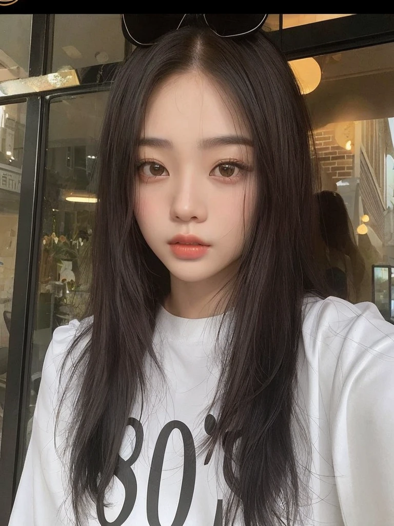 there is a woman con cabello largo taking a selfie, ulzzang, joven y adorable rostro coreano, muchacha coreana, jaeyeon nam, hermosa mujer surcoreana, korean symmetrical face, hermosa joven coreana, pale korean adorable face, hermosa joven coreana, heonhwa choe, Young cute pale asian face, Jinyoung Shin, jennie rosa negro, con cabello largo