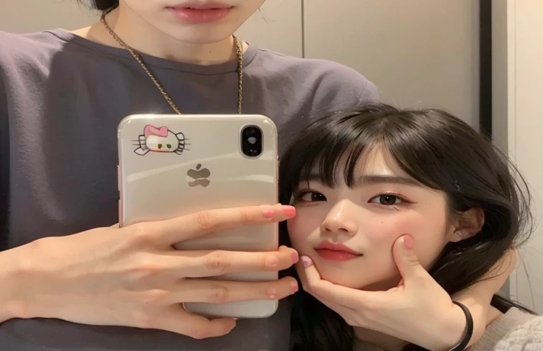 There is a man and a woman taking an 8k iPhone selfie in front of the mirror, Realistic, Couple Pose, [realistic photo shot], in 8K, inspired by Goro Fujita