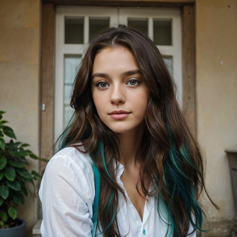 artistic girl, wave brown and light blue long hair, green eyes, 26 years, with freakles