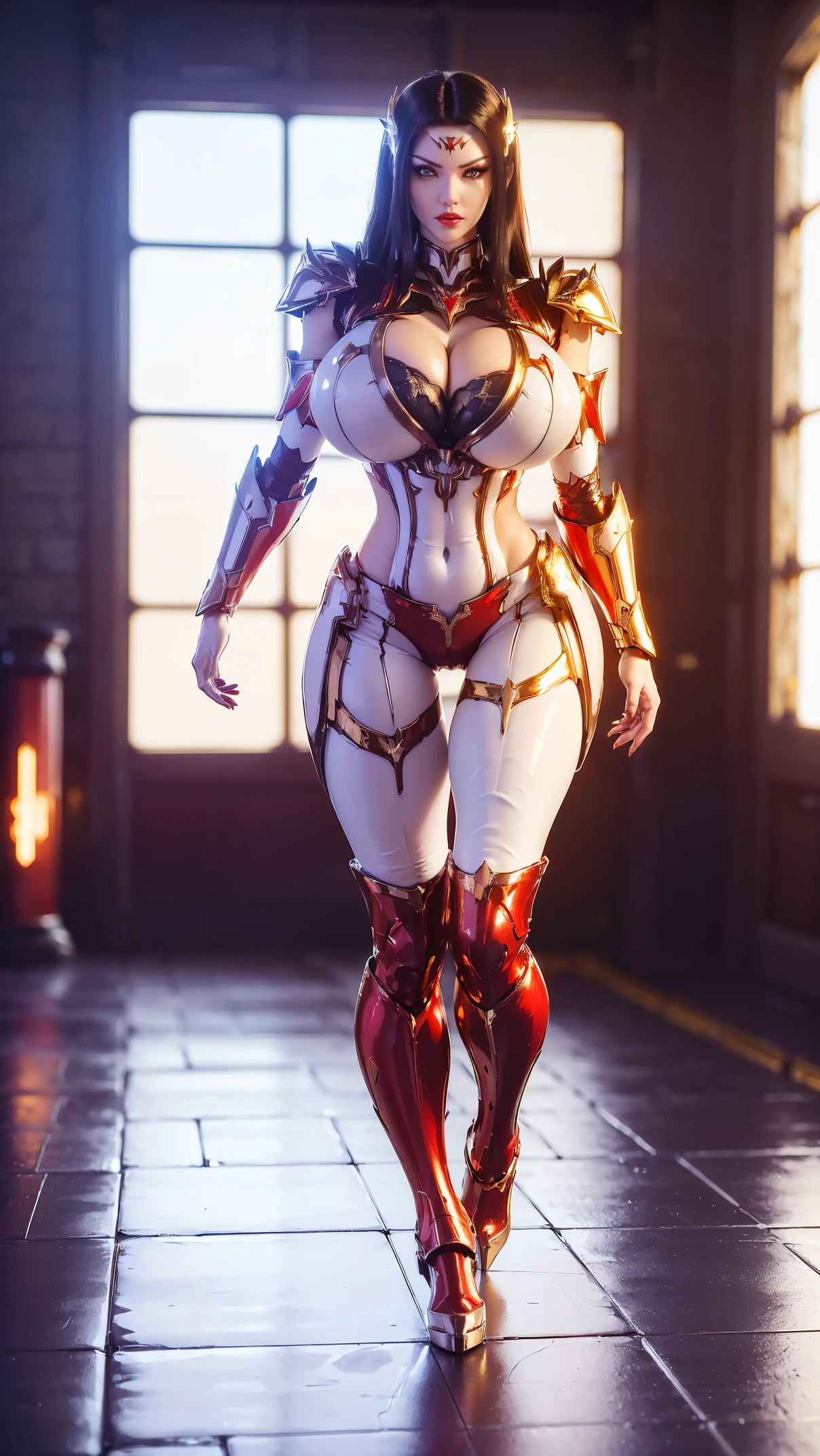 (HYPER-REALISTIC:1.5), (PHOENIX GOLD HELM:1.1), (BIGGER BUTTOCK,HUGE FAKE BREAST:1.5), ((CLEAVAGE:1.5)), (MUSCLE ABS:1.3), (MECHA GUARD ARMS:1.1), (SHINY RED FUTURISTIC MECHA BODY, BLACK MECHA SKINTIGHT LEGGINGS, WHITE MECHA GUARD ARMOR LEGS, HIGH HEELS:1.5), (MUSCULAR BODY, WETS SWEATY SKIN, LONG LEGS:1.1), (LOOKING AT VIEWER:1.3), (female focus:0.8), (WALKING HALLROOM OF FUTURISTIC SPACE STATION:1), (BRIGHT LIGHT WHITE_ROOM:1.3), HYPER TEXTURE, (4X MSAA), ((UNREAL ENGINE 5 RENDER)), PHYSICALLY-BASED RENDERING, ULTRA HIGHT DEFINITION, 16K, 1080P.