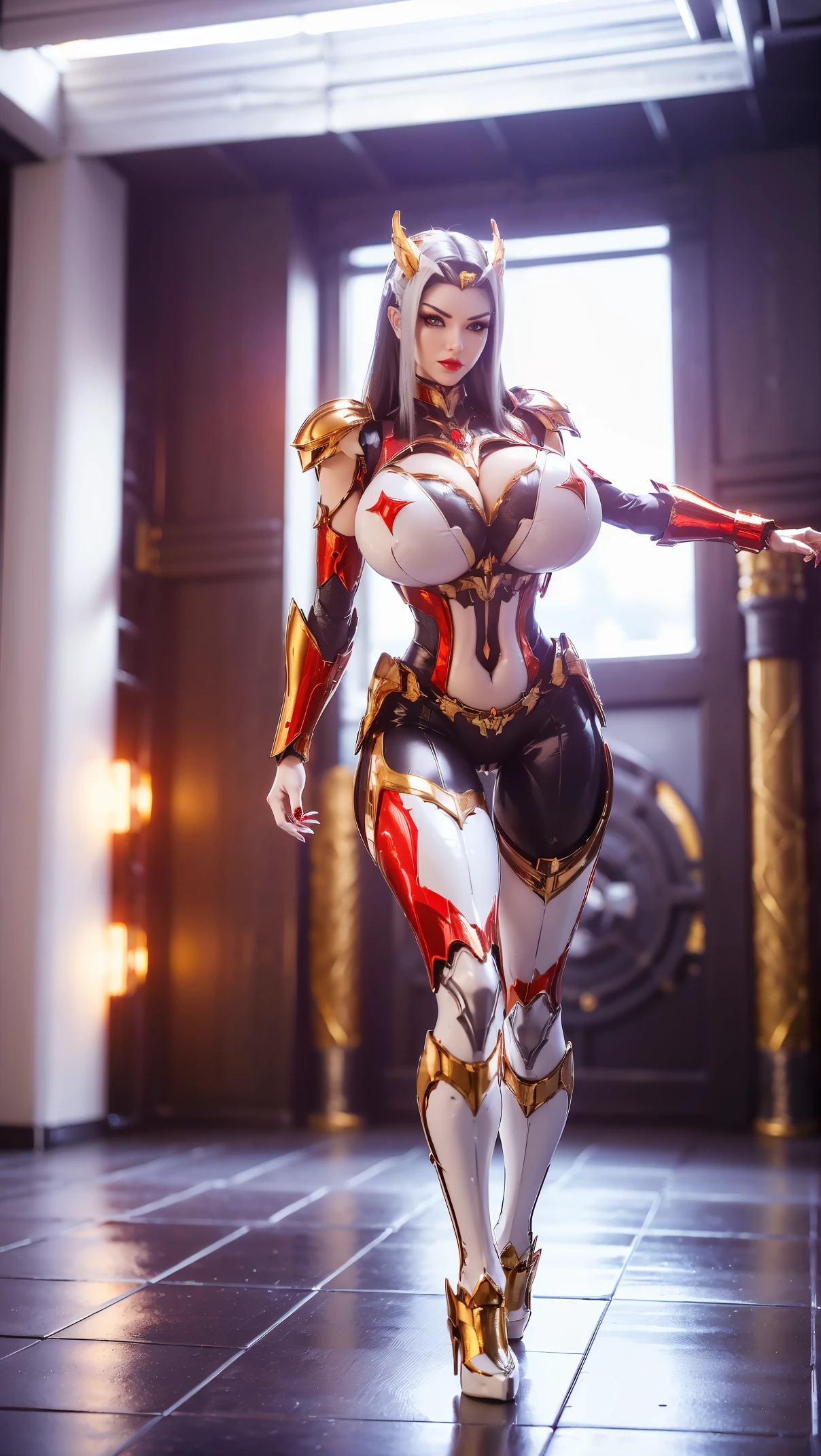 (HYPER-REALISTIC:1.5), (PHOENIX GOLD HELM:1.1), (BIGGER BUTTOCK,HUGE FAKE BREAST:1.5), ((CLEAVAGE:1.5)), (MUSCLE ABS:1.3), (MECHA GUARD ARMS:1.1), (SHINY RED FUTURISTIC MECHA BODY, BLACK MECHA SKINTIGHT LEGGINGS, WHITE MECHA GUARD ARMOR LEGS, HIGH HEELS:1.5), (MUSCULAR BODY, WETS SWEATY SKIN, LONG LEGS:1.1), (LOOKING AT VIEWER:1.3), (female focus:0.8), (WALKING HALLROOM OF FUTURISTIC SPACE STATION:1), (BRIGHT LIGHT WHITE_ROOM:1.3), HYPER TEXTURE, (4X MSAA), ((UNREAL ENGINE 5 RENDER)), PHYSICALLY-BASED RENDERING, ULTRA HIGHT DEFINITION, 16K, 1080P.