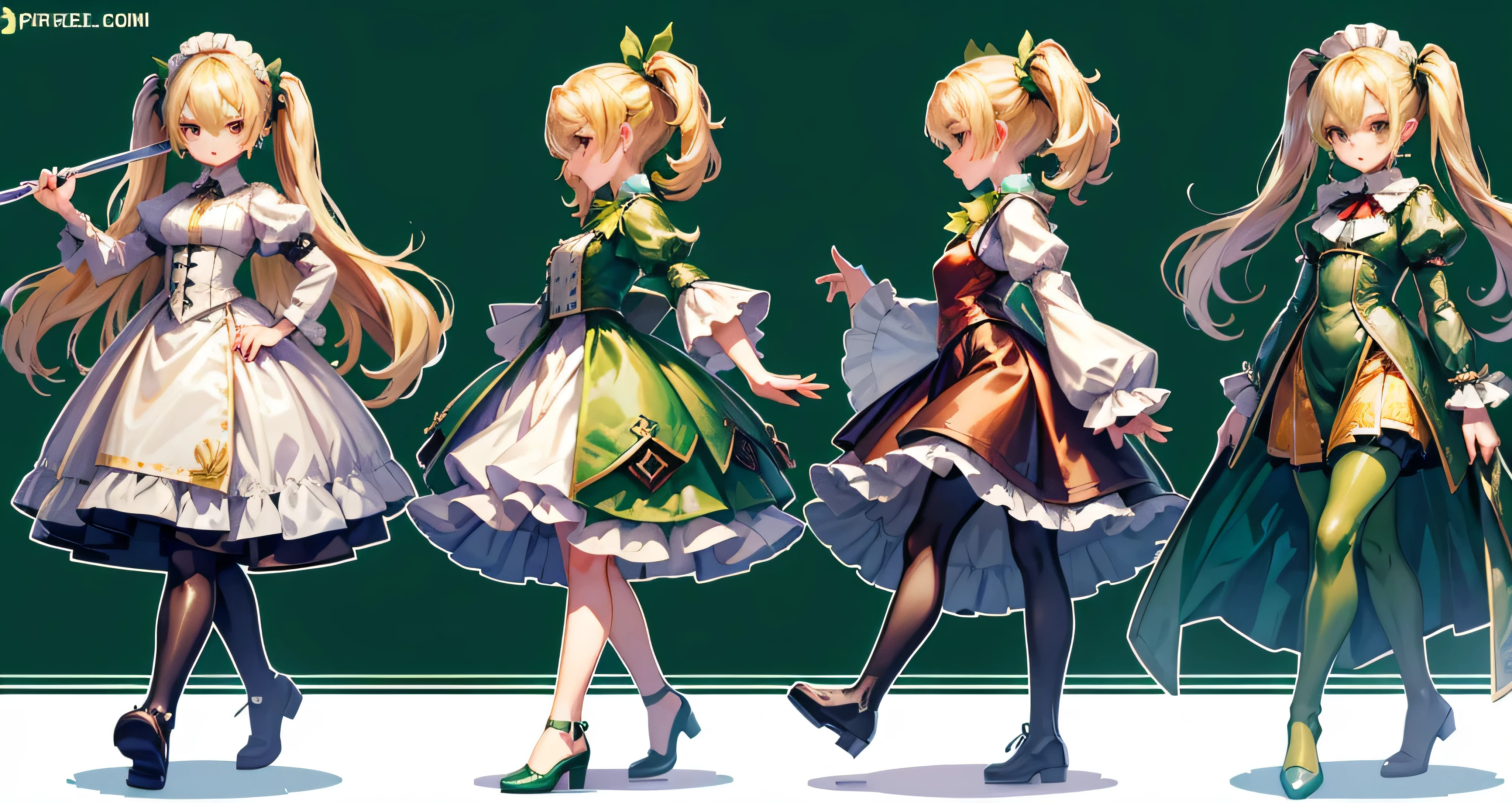 PixelArt, ((sprite sheet)), (green background), (1girl), (green peasant dress), walking, (short twintails), (blond hair), (green shoes), (black pantyhose)