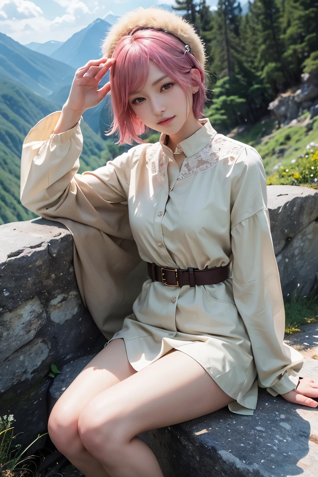 Photorealsitic:1.37), Super Detail, One girl,), (Highly detailed), (beautifully detailed eyes), (of the highest quality), (super detailed ), (masterpiece), (Detailed face),20yr old, ,1 girl, full body, pink hair,Very short hair, medium breasts, clothed, Perfect Lighting, paying meticulous attention to details to bring out a more realistic and visually stunning result featuring a woman in a mountainous setting.
(high quality:1.4) Adjust the composition to give even more prominence to the subject, ensuring a captivating balance between the woman's presence and the breathtaking mountain backdrop.
(high quality:1.3) Fine-tune the choice of outdoor wear to strike a perfect balance between style and functionality, ensuring the outfit complements the mountainous environment seamlessly.
(high quality:1.2) Refine the facial expression, placing extra emphasis on capturing a natural yet captivating smile that enhances the woman's connection with the surrounding natural beauty.
(high quality:1.1) Further polish the inclusion of accessories, refining the details of the hiking hat and watch to add an extra layer of sophistication to the overall image.
(high quality:1.0) Adjust the woman's pose for an even more natural and elegant look, ensuring it aligns perfectly with the envisioned mountain activities while maintaining a graceful posture.
(high quality:0.9) Fine-tune the background to elevate the visual impact, emphasizing the beauty of the mountains and greenery with meticulous adjustments for changing seasons and weather conditions.