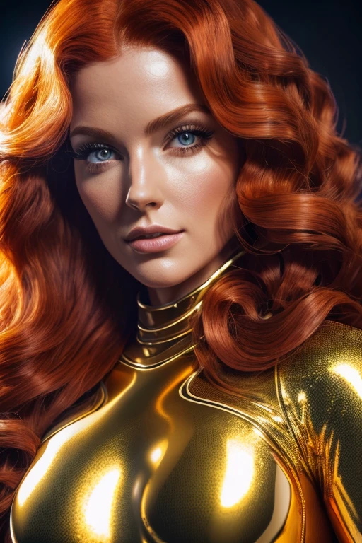 (best quality,8k:1.2,high resolution:1.2),ultra-detalhado,Realistic,vintage space female,very long curly red hair,rosto extremamente detalhados,long eyelashes,golden metalic tigt suit,gloves,Glossy accessories,Physically-based rendering,foco nítido,studio lighting