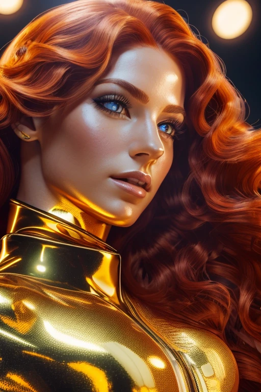 (best quality,8k:1.2,high resolution:1.2),ultra-detalhado,Realistic,vintage space female,very long curly red hair,rosto extremamente detalhados,long eyelashes,golden metalic tigt suit,gloves,Glossy accessories,Physically-based rendering,foco nítido,studio lighting