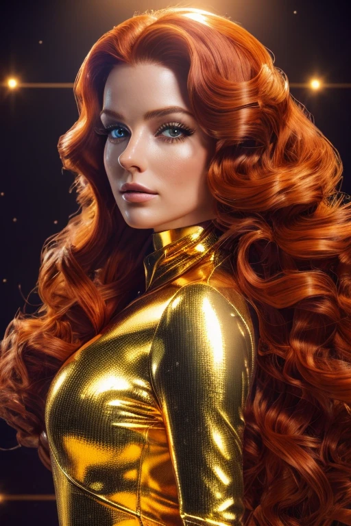 (best quality,8k:1.2,high resolution:1.2),ultra-detalhado,Realistic,vintage space female,very long curly red hair,rosto extremamente detalhados,long eyelashes,golden metalic tigt suit,gloves,Glossy accessories,Physically-based rendering,foco nítido,studio lighting