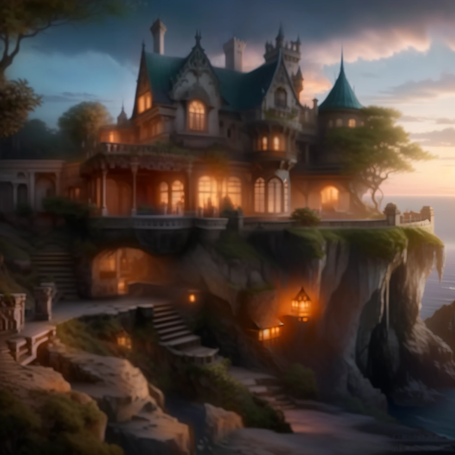 a large house on a cliff overlooking the ocean at sunset, casa de fantasia, fantasy setting, linda casa, fantasia realista intrincada, fantasia altamente detalhada, fantasia ultra detalhada, magical realism style, bela fantasia detalhada, arte de fantasia hiperrealista, dark fantasy setting, realistic fantasy rendering, pintura fosca muito bonita, fantasia hiper realista, Arquitetura de fantasia, estilo andreas rocha, fantastical setting