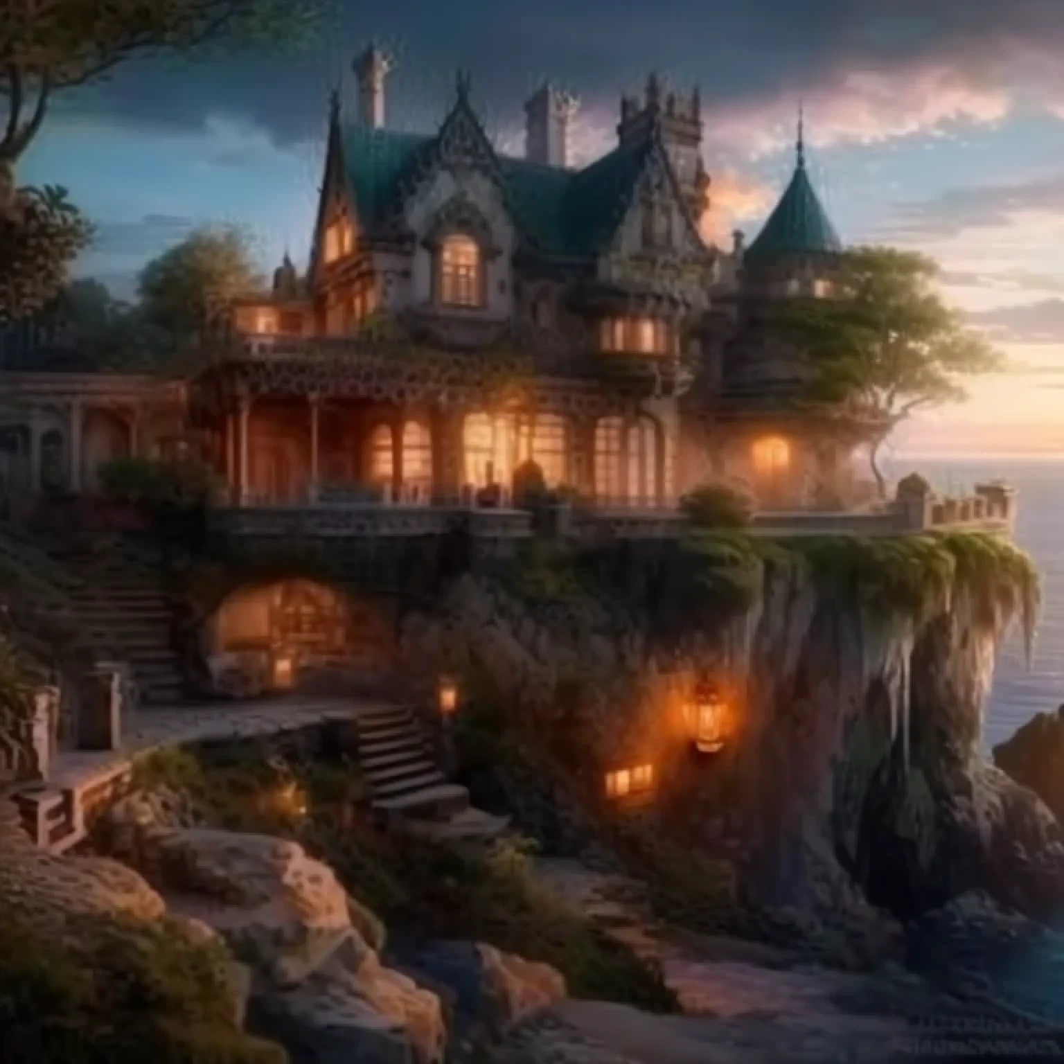 a large house on a cliff overlooking the ocean at sunset, casa de fantasia, fantasy setting, linda casa, fantasia realista intrincada, fantasia altamente detalhada, fantasia ultra detalhada, magical realism style, bela fantasia detalhada, arte de fantasia hiperrealista, dark fantasy setting, realistic fantasy rendering, pintura fosca muito bonita, fantasia hiper realista, Arquitetura de fantasia, estilo andreas rocha, fantastical setting