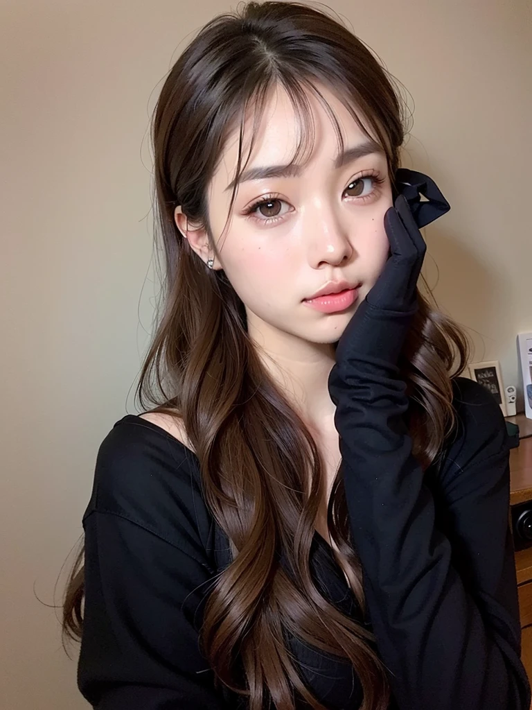 arafed woman con cabello largo and black gloves posing for a picture, ulzzang, muchacha coreana, joven y adorable rostro coreano, maquillaje coreano popular, flequillo con raya al centro, neat hair con flequillo, con flequillo, maquillaje popular de corea del sur, brown bangs, hermosa mujer surcoreana, hermosa joven coreana, brown long hair con flequillo, con cabello largo, rasgos de la cara coreana