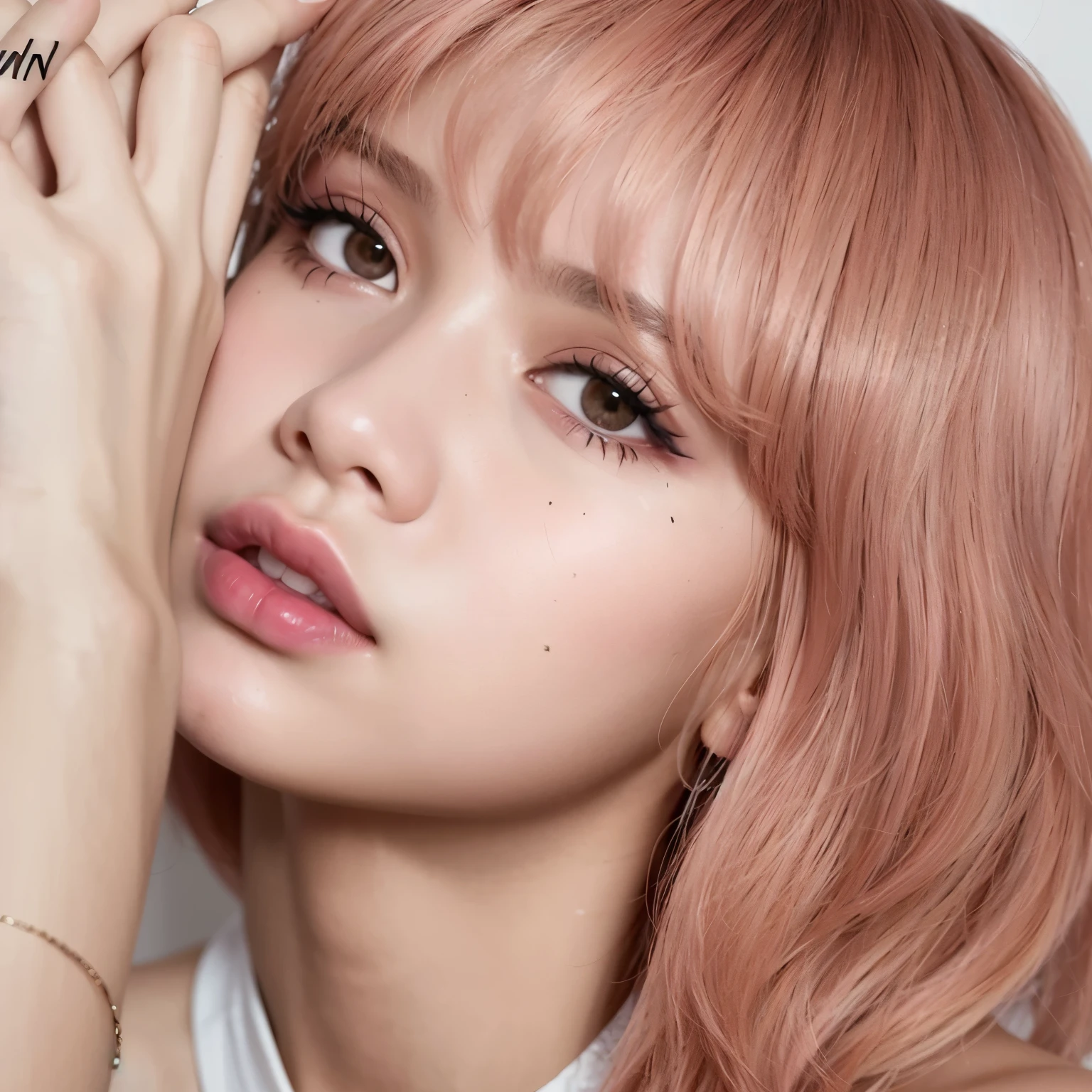 un primer plano de una mujer con cabello rosado y un top blanco, lalisa manoban of rosa negro, Lalisa Manobal, roseanne park of rosa negro, jossi of rosa negro, portrait of jossi of rosa negro, rosa negro jennie, maquillaje popular de corea del sur, con flequillo completo, portrait jisoo rosa negro, maquillaje coreano popular, con flequillo, sol yunjoo, rosa negro lisa of Blackpink with black hair