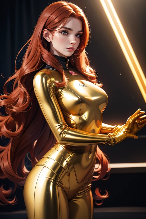 (best quality,8k:1.2,high resolution:1.2),ultra-detalhado,Realistic,vintage space female,very long curly red hair,rosto extremamente detalhados,long eyelashes,golden metalic tigt suit,gloves,Glossy accessories,Physically-based rendering,foco nítido,studio lighting