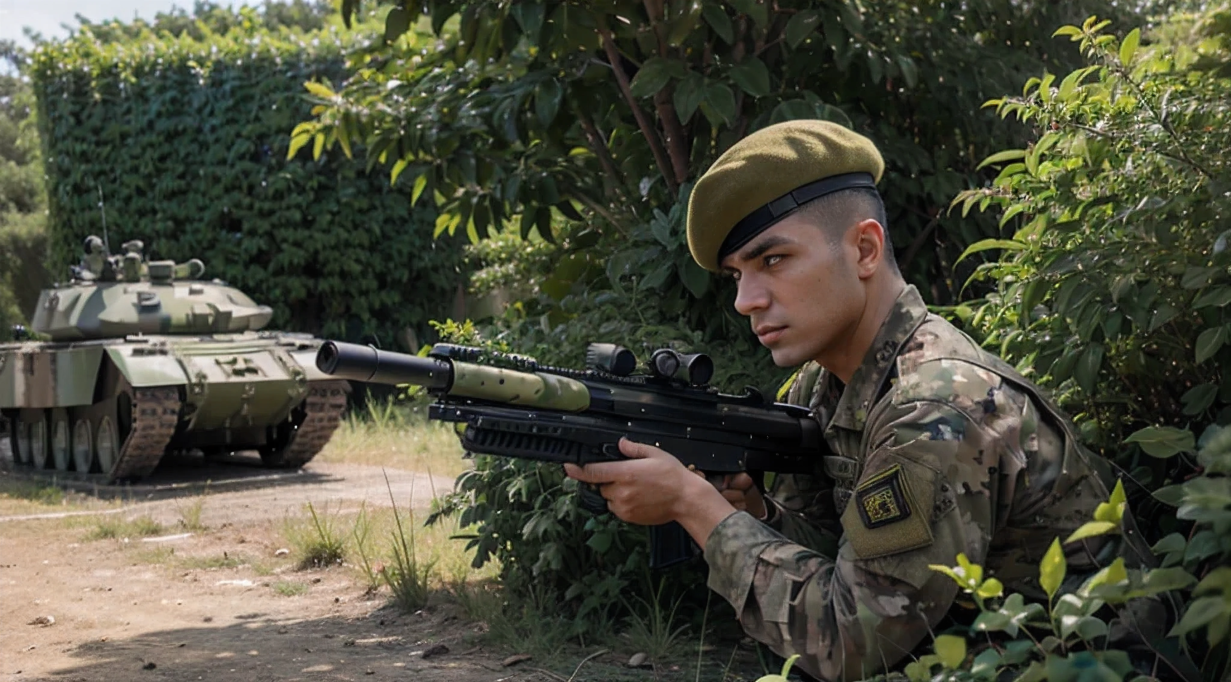 um soldado, vestindo roupas militares verdes e amarelas, segurando seu rifle, escondido dentro de um arbusto, mirando nos tanques vindos do horizonte