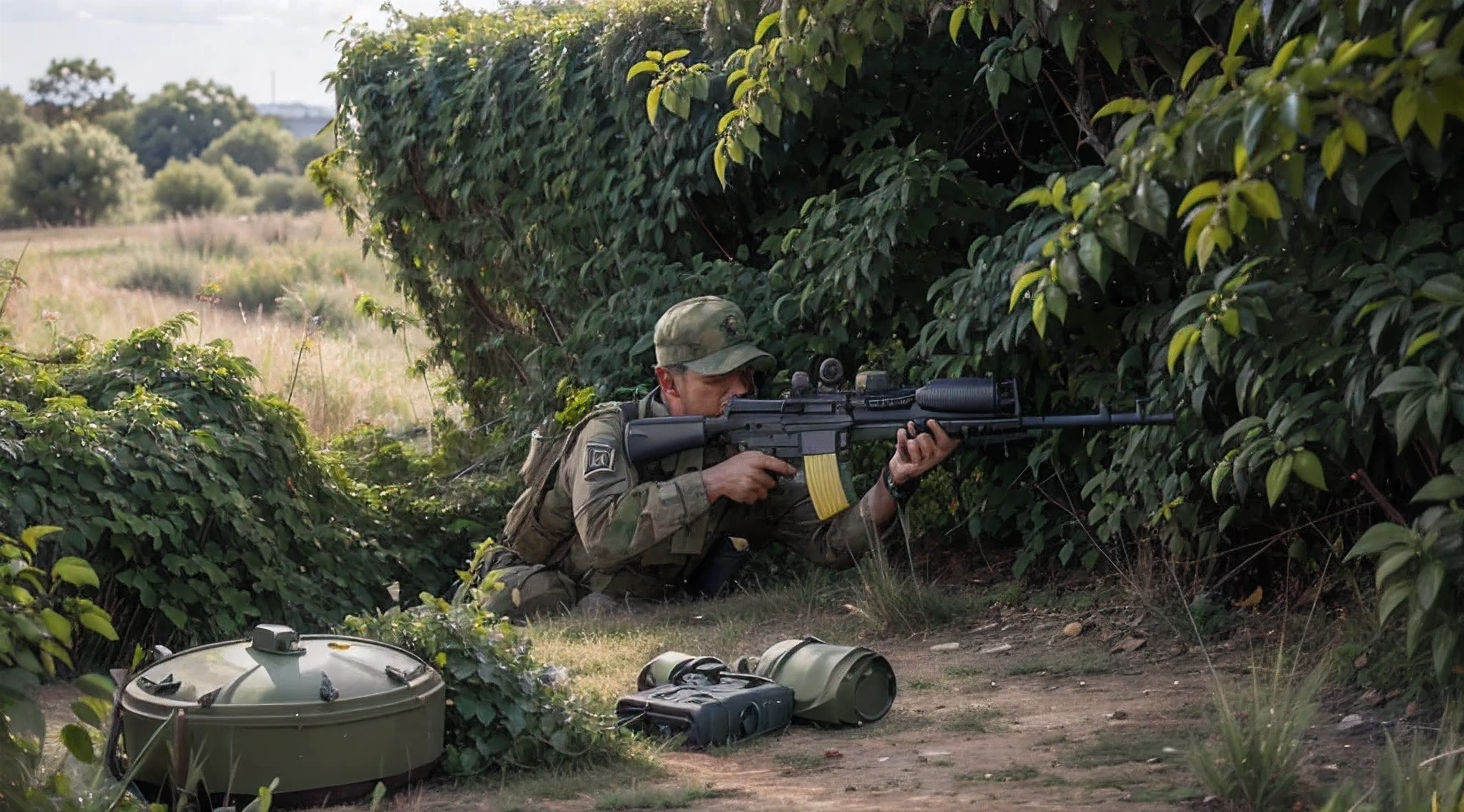 um soldado, vestindo roupas militares verdes e amarelas, segurando seu rifle, escondido dentro de um arbusto, mirando nos tanques vindos do horizonte