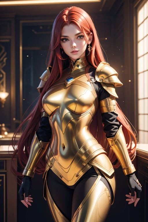 (best quality,8k:1.2,high resolution:1.2),ultra-detalhado,Realistic,space female,very long red hair,rosto extremamente detalhado,long eyelashes,gold metalic tight armour,gloves,Glossy accessories,Physically-based rendering,foco nítido,studio lighting