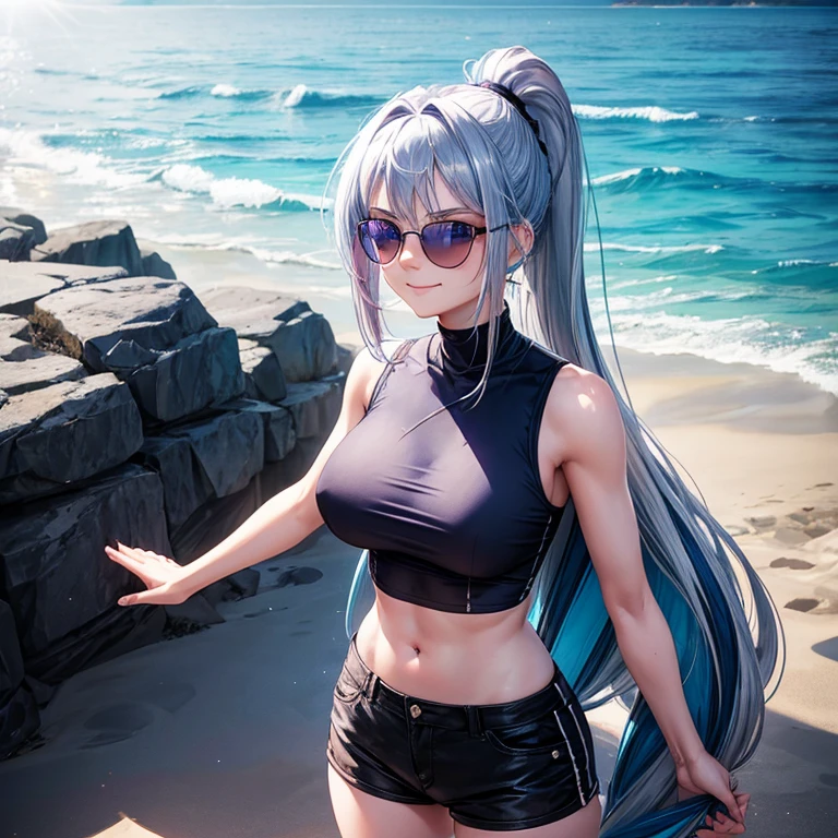 A 20 years old lady, blue eyes, silver ponytail hair with blue streaked hair, blue sunglasses, wearing pale purple T-shirts and black short pants, sunny smile, looking down ((folding her arms)), slender and big boobs body, at a beach, standing alone
