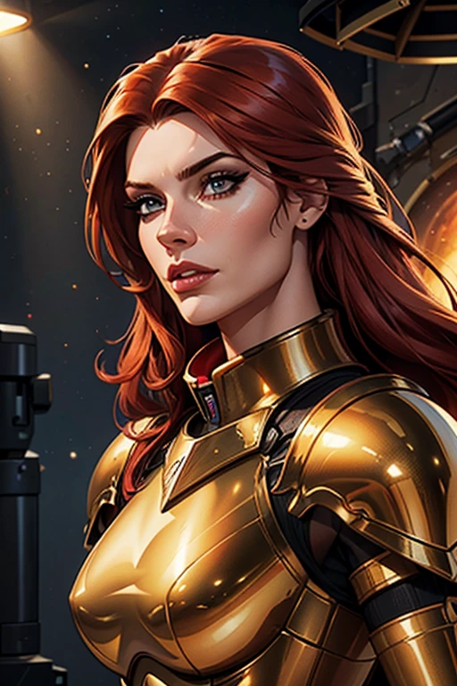 (best quality,8k:1.2,high resolution:1.2),ultra-detalhado,Realistic,space female,very long red hair,rosto extremamente detalhado,long eyelashes,gold metalic tight armour,gloves,Glossy accessories,Physically-based rendering,foco nítido,studio lighting