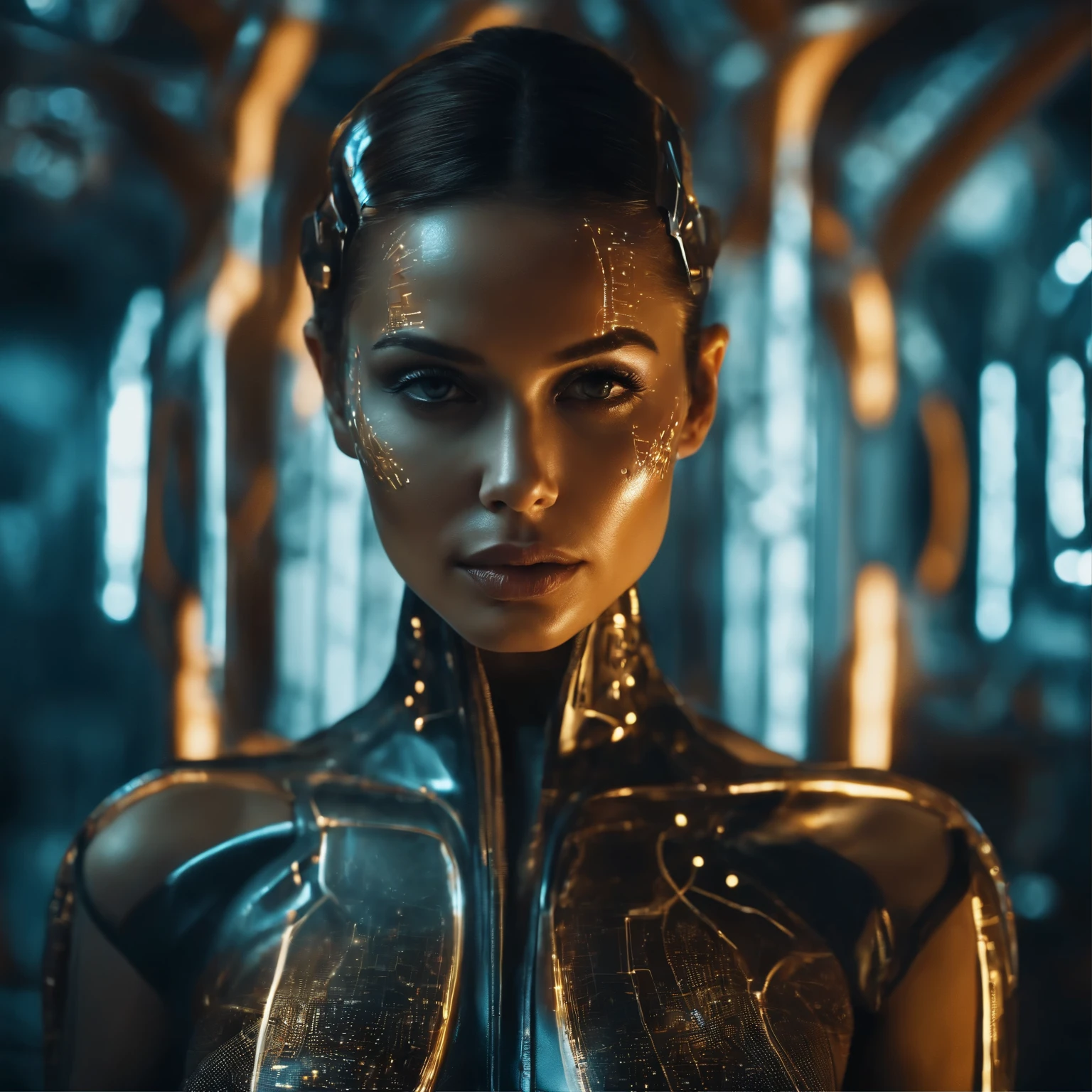 closer-up of a beautiful woman whit face oily], in detailed futuristic clothing, with traces of cybernetic circuits visible, oily and shiny skin on his face highlighting tension, standing in a high-tech mechanics laboratory, intense photographic style of a thriller.