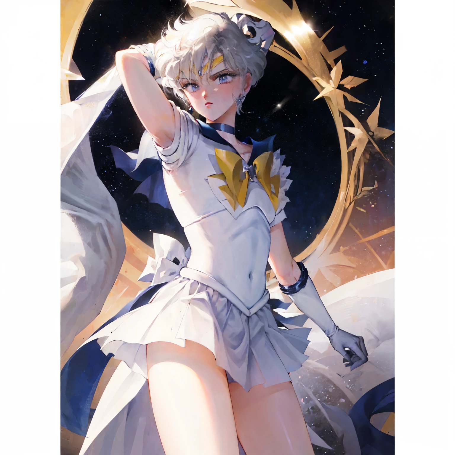 sailor uranus、VPL, vpl、bulge, He looks both male and female.、 I can't tell if it's male or female、flat chest, battle formation, One man、 adult male、 sailor senshi uniform sailor collar chest bow back bow plead skirt white elbow gloves