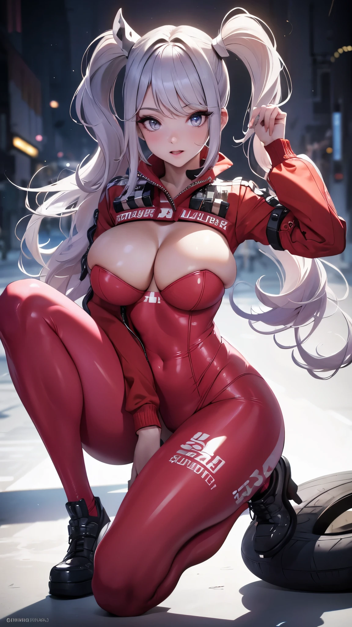 (best quality,4k,8k,highres,masterpiece:1.2),ultra-detailed,(realistic,photorealistic,photo-realistic:1.37),HDR,UHD,studio lighting,ultra-fine painting,sharp focus,physically-based rendering,extreme detail description,professional,vivid colors,bokeh, Alice (beautiful detailed eyes,beautiful detailed lips,extremely detailed eyes and face,long eyelashes), Nikke inspiration, red jumpsuit, expressive face, long legs, large breasts (best proportions:1.1), one leg raised up