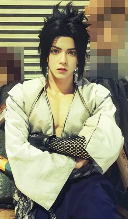 young man, pale skin, spiky black hair, black eyes, big lips, white clothes, muscular, Uchiha Sasuke, realistic, 3d, forest, sword