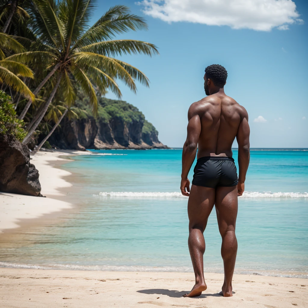 view of a 45 year old black man,  naked on top of a rock with firm buttocks, chubby and short hair,